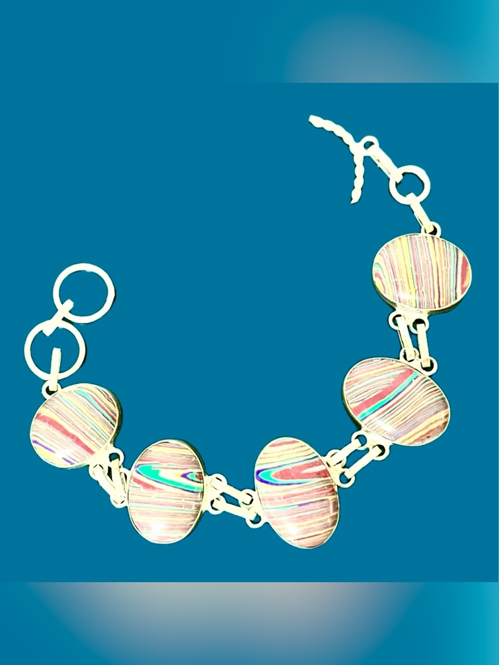 925 Sterling Silver Rainbow Jasper Cabochon Link Bracelet
